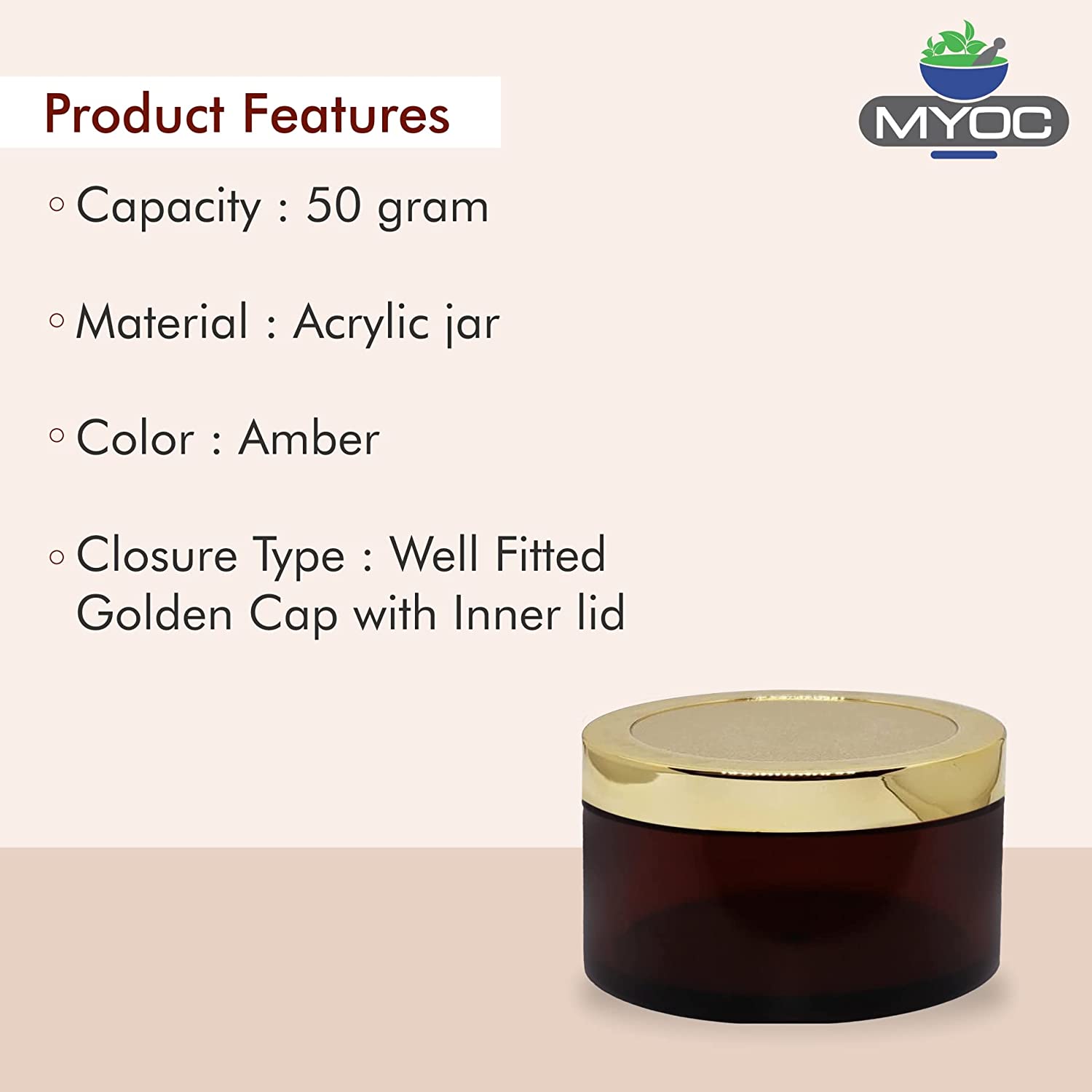 Shoprythm Cosmetic Jar MYOC Amber San Jars with Golden Cap & Inner lid for Creams, Gels, Body Scrub & Butter